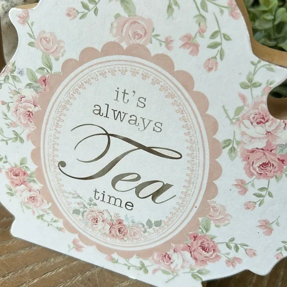 NEW!! Shabby Chic Cottage Farmhouse Teapot Tea Time Floral Pink Roses Wood Sign - Picture 3 of 6